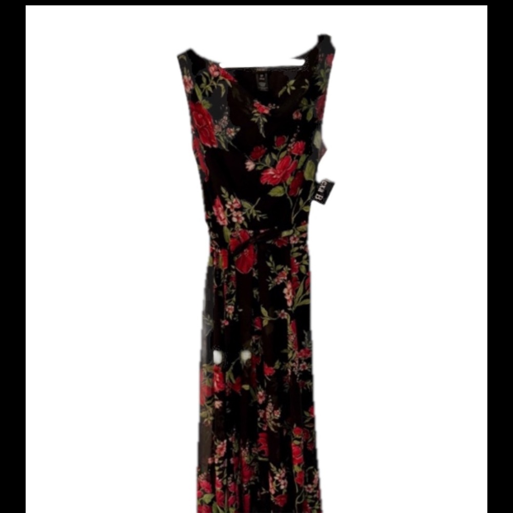 Alexa B Nites Black Chiffon Maxi Red & Gold Flower 8P Sleeveless NWT